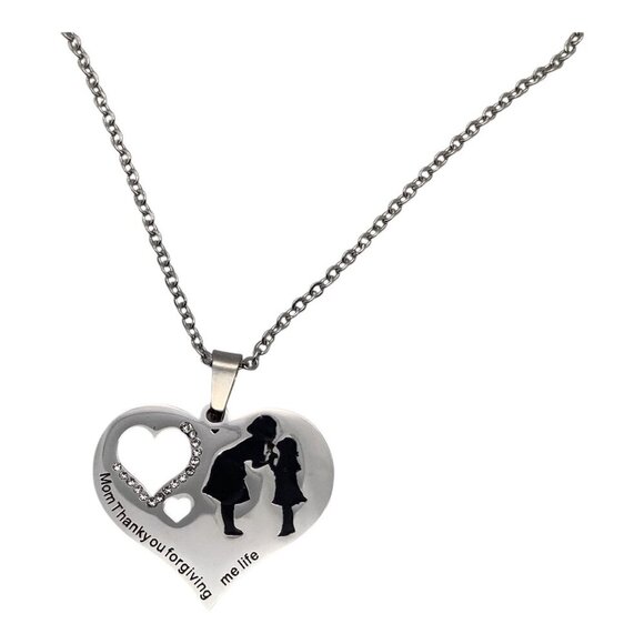 Heart Pendant Necklace Mother & Child Stainless Steel Chain Engraved Jewelry - Picture 8 of 14